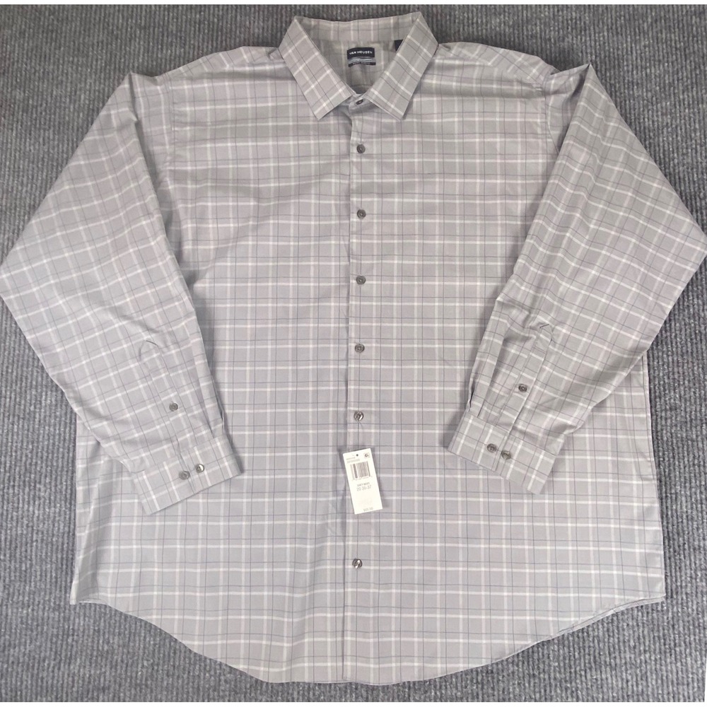 Van Heusen Dress Shirt Mens 20 36/37 Grey Navy Plaid Stretch Big Fit Business